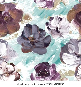 Seamless floral pattern with abstract purple flowers, acrylic hand painted background