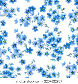 Seamless floral pattern of beautiful little blue forget-me-not flowers isolated on white background. Hand drawn watercolor illustration.