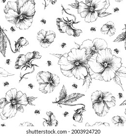 Seamless floral pattern with black and white pansies and bees