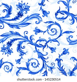 Seamless Floral Pattern, Blue On White, Watercolor Painted Ornament