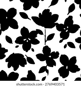 Seamless floral pattern with bold black flower silhouettes on a white background. Stylish botanical design for fabric, wallpaper, wrapping paper, and modern creative projects. Vector illustration 