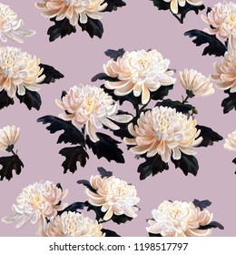 Seamless floral pattern. Chrysanthemum   lavender  background. Watercolor painting. Botanical illustration.