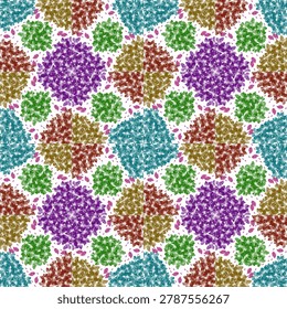 Seamless floral pattern composed of clustered hydrangea-like flowers in vibrant colors including purple, green, red, blue, and brown, accented with small pink leaves. The design repeats on a white background, creating a decorative, watercolor-inspired effect ideal for textiles, wallpapers, gift wrapping, and digital backgrounds.