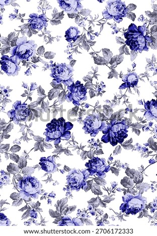 A seamless floral pattern with elegant blue roses and delicate leaves arranged over a white background. Suitable for textile prints, wallpapers, packaging, and vintage-themed designs.