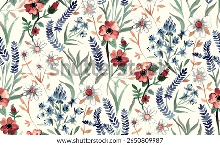 A seamless floral pattern features a variety of flowers and leaves on a light background