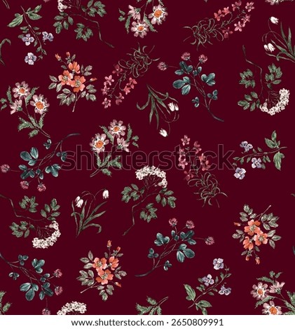 A seamless floral pattern features various flowers and leaves on a rich maroon background
