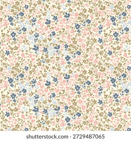 A seamless floral pattern featuring delicately stylized blossoms and leaves in navy, blush pink, olive green, and soft blue tones on a cream background. The dense yet balanced layout creates a harmonious rhythm, evoking the gentle charm of a blooming garden. Ideal for textiles, wallpapers, and gift wraps, this versatile design blends elegance with everyday warmth.