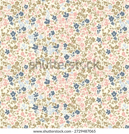 A seamless floral pattern featuring delicately stylized blossoms and leaves in navy, blush pink, olive green, and soft blue tones on a cream background. The dense yet balanced layout creates a harmonious rhythm, evoking the gentle charm of a blooming garden. Ideal for textiles, wallpapers, and gift wraps, this versatile design blends elegance with everyday warmth.