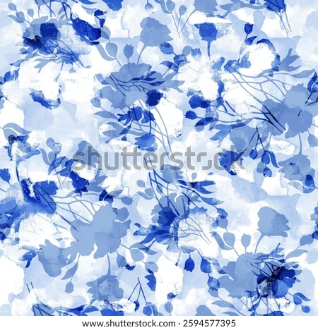 Seamless floral pattern featuring elegant watercolor flowers in shades of blue. This hand-painted botanical design blends soft and abstract textures, creating a dreamy and artistic look. Perfect for t