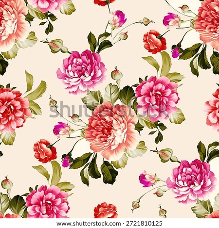 Seamless floral pattern featuring elegant hand-painted watercolor flowers in shades of pink, peach, and red with green leaves Romantic vintage botanical design