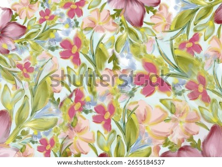 
A seamless floral pattern featuring hand-drawn botanical elements in soft pastel colors. This modern digital illustration is ideal for fabric design, wallpapers, packaging, and stationery. 