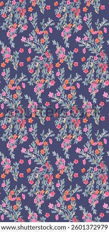 A seamless floral pattern featuring hand-painted watercolor flowers in shades of pink, orange, and yellow with green leaves on a navy blue background. This elegant and artistic botanical design is per
