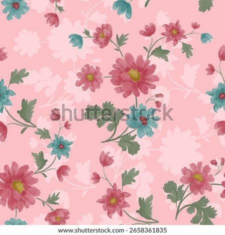 Seamless floral pattern featuring hand-painted watercolor flowers in shades of coral pink and teal blue, with green leaves on a soft pastel pink background. Decorative white flower silhouettes add dep