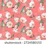 Seamless floral pattern featuring soft white and blush flowers with green leaves Elegant botanical design with a watercolor illustration style