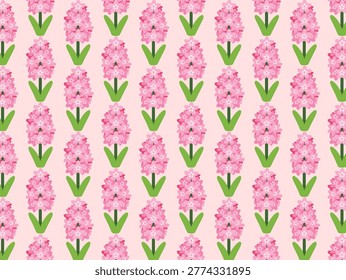 Seamless floral pattern featuring stylized pink hyacinth flowers (Hyacinthus orientalis) arranged in neat, repetitive rows. Each flower has a dense cluster of small, rounded petals and is depicted with green leaves at the base. The background is a soft pink, enhancing the pastel aesthetic of the design. The consistent spacing and uniformity create a harmonious and visually pleasing layout, ideal for wallpapers or fabric designs.
