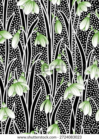 seamless floral pattern featuring stylized snowdrop flowers in white and green against a solid black background.