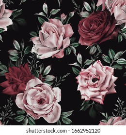 Seamless floral pattern with flowers on dark background, watercolor. Template design for textiles, interior, clothes, wallpaper. Botanical art