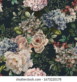 Seamless Floral Pattern With Flowers On Dark Background, Watercolor. Template Design For Textiles, Interior, Clothes, Wallpaper. Botanical Art
