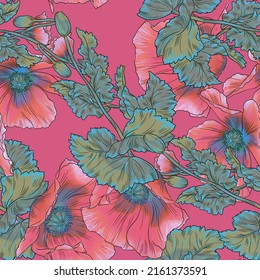 Seamless floral pattern with garden pink poppies and green leaves on a bright pink background.