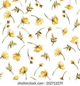 Seamless floral pattern with Golden buttercup flower,  watercolor 