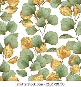 Seamless Floral Pattern With Green And Gold Leaves On White Background