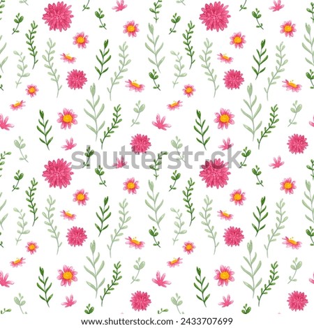 Seamless floral pattern. Hand drawn watercolor illustration. Flowers, plants, floriferous, aster, chrysanthemum, summer, spring, blossom, bloom