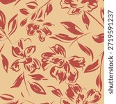 Seamless floral pattern with hand-drawn botanical flowers and leaves in terracotta red on a warm beige background