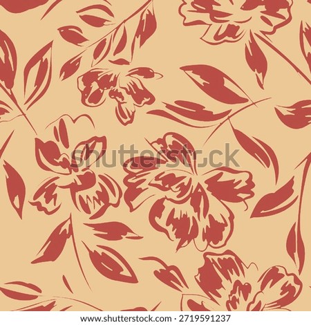 Seamless floral pattern with hand-drawn botanical flowers and leaves in terracotta red on a warm beige background