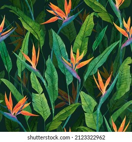 Seamless floral pattern with herbaceous plant of strelitzia. Watercolor illustration of plant of bird-of-paradis. For fabric, textile, wrapping paper, cover, package. Flowers and tropical leaves.