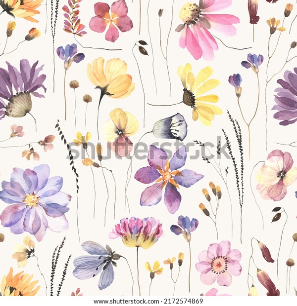 Seamless floral pattern in herbarium style with colored flowers and abstract branches, watercolor illustration for summer textile, cover or wallpapers.