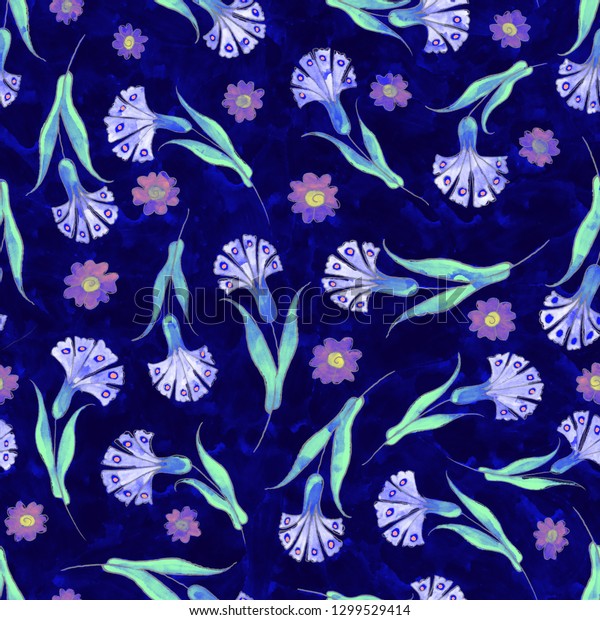 Seamless Floral Pattern Kalamkari Style Azure Stock Illustration 1299529414