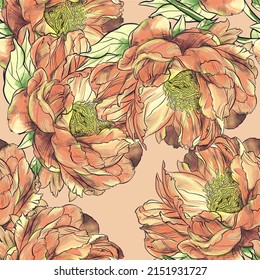 Seamless floral pattern with large pastel pink peonies on a powdery pink background.
