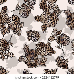 Seamless floral pattern with leopard texture, leopard print, flowers, plants design.