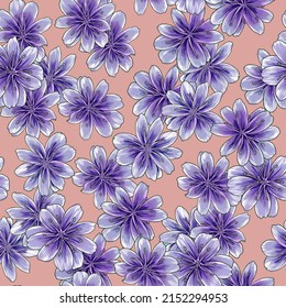 Seamless floral pattern with lilac flowers on a powdery pink background.