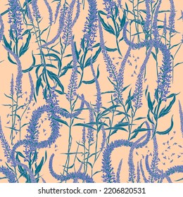 Seamless Floral Pattern With Lilac Wildflowers And Herbs On Light Peach Background.