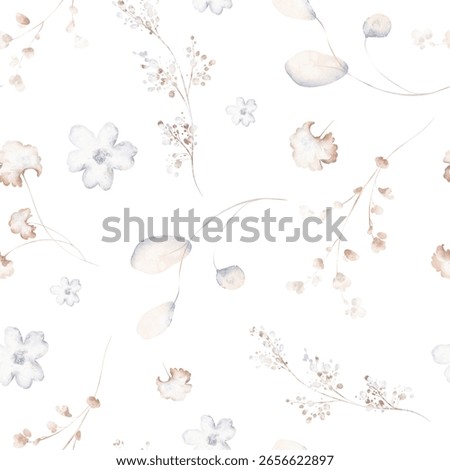 Seamless floral pattern with muted tones and hand-drawn leaves. Soft minimal design for fabric, wallpaper, nursery, and wrapping. Ideal for textile, paper, and scrapbooking projects.