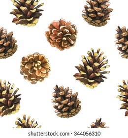 Seamless Floral Pattern On A White With Pinecone. Festive Christmas Background With Watercolor Realistic Plants.