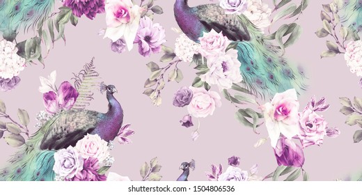 Seamless floral pattern with peacock, watercolor.