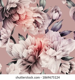 Seamless floral pattern with peonies flowers on summer background, watercolor illustration. Template design for textiles, interior, clothes, wallpaper