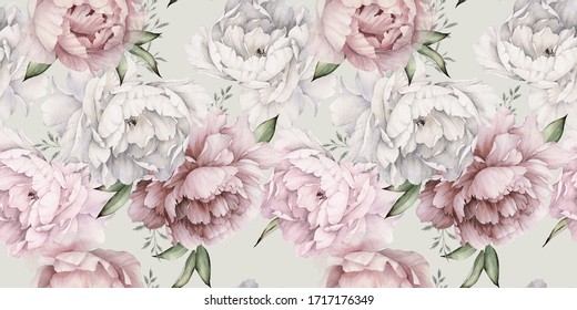 Seamless floral pattern with peonies on light background, watercolor. Template design for textiles, interior, clothes, wallpaper. Botanical art