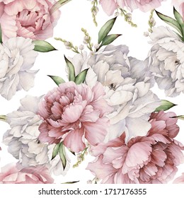 Seamless floral pattern with peonies on light background, watercolor. Template design for textiles, interior, clothes, wallpaper. Botanical art