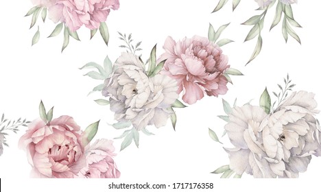 Seamless floral pattern with peonies on light background, watercolor. Template design for textiles, interior, clothes, wallpaper. Botanical art
