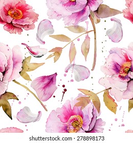 Seamless floral pattern with peonies on watercolor background. #6