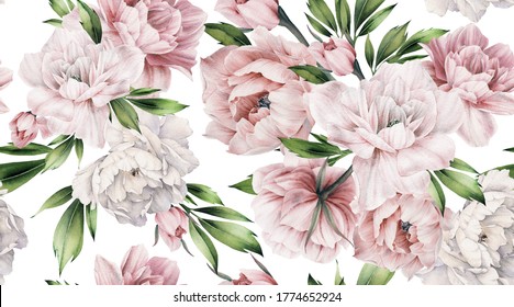 Seamless floral pattern with peony flowers on summer background, watercolor. Template design for textiles, interior, clothes, wallpaper. Botanical art