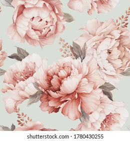 Seamless Floral Pattern With Peony Flowers On Summer Background, Watercolor. Template Design For Textiles, Interior, Clothes, Wallpaper. Botanical Art
