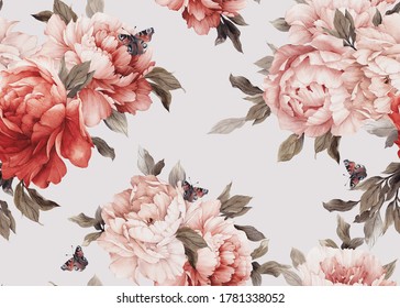 Seamless floral pattern with peony flowers on summer background, watercolor. Template design for textiles, interior, clothes, wallpaper. Botanical art