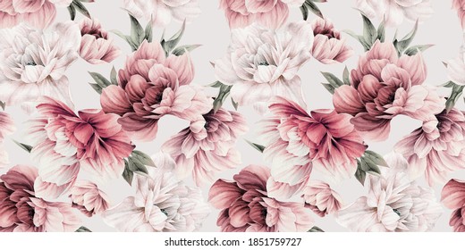 Seamless floral pattern with peony flowers on summer background, watercolor illustration. Template design for textiles, interior, clothes, wallpaper