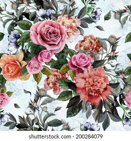 Seamless floral pattern with pink and orange roses and peonies on watercolor background.