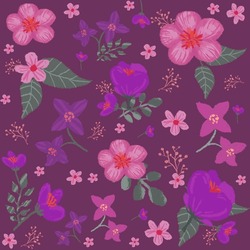 Seamless Floral Pattern With Pink Purple Flowers, Textile Retro Texture, Romantic Botanical Wrapping Paper