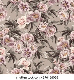 Seamless Floral Pattern With Red, Purple And Pink Roses On Light Background, Watercolor.